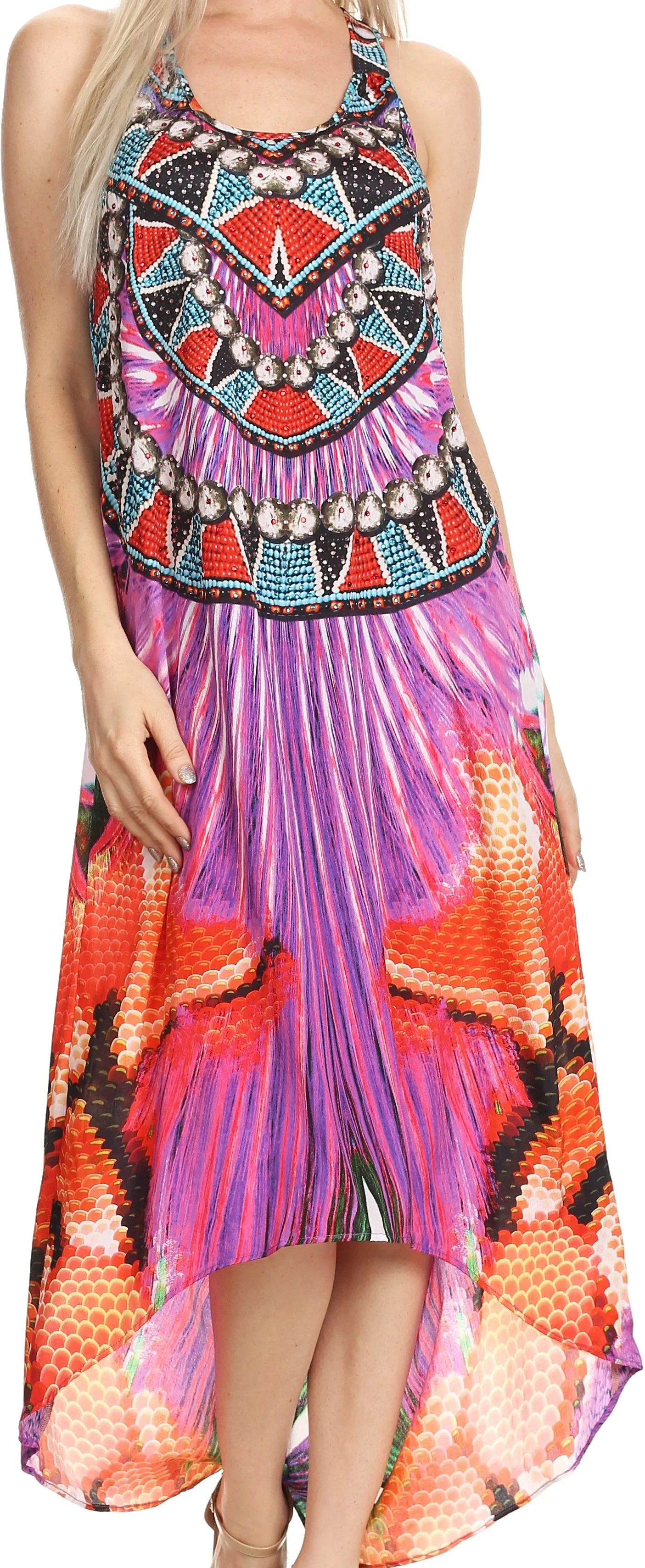 Sakkas Aramis Printed Long Draped Accent O Ring Crisscross Strappy Maxi Dress