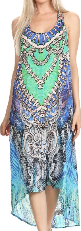 Sakkas Aramis Printed Long Draped Accent O Ring Crisscross Strappy Maxi Dress