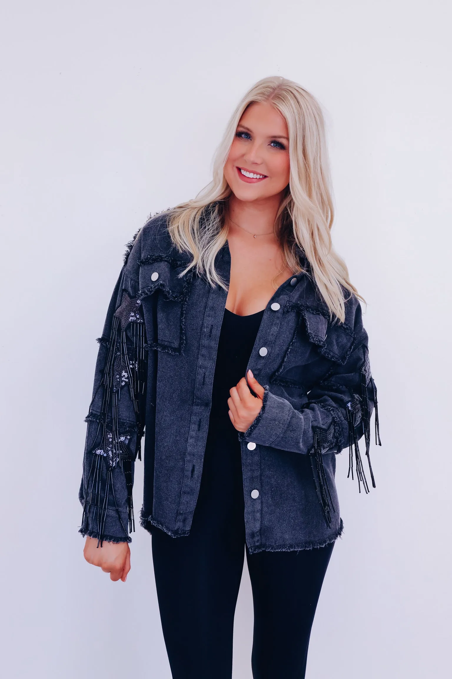 Sassy Star Fringe Denim Shacket - Black