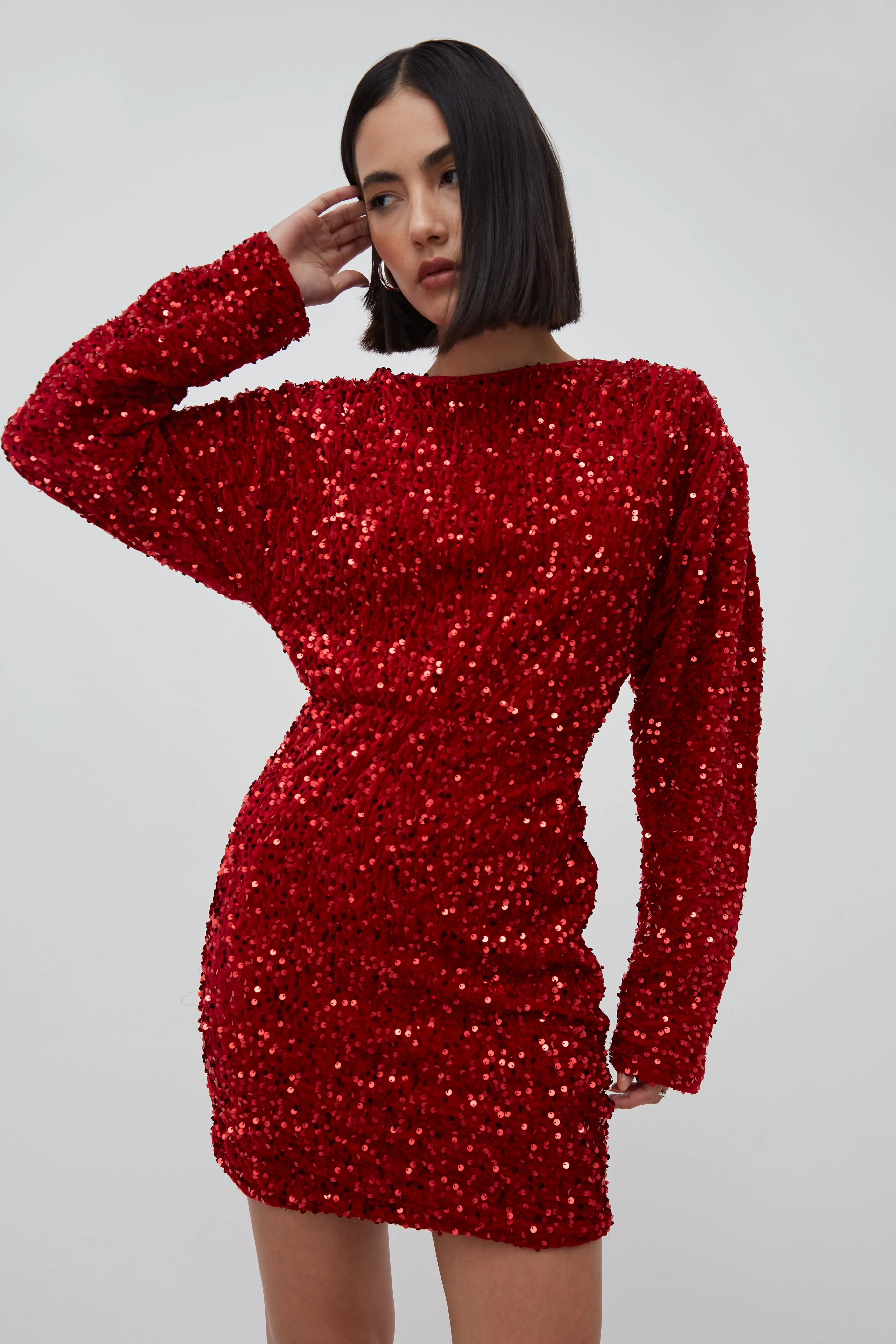 SEQUIN BLOUSON SLEEVE MINI DRESS