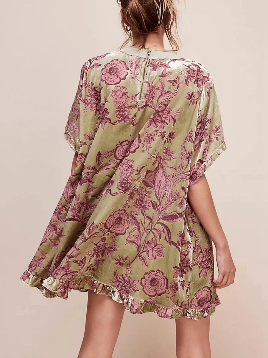 Short Long Sleeve Crew Neck Floral Print T-Shirt Loose Fall Tunic Casual Velvet Dress