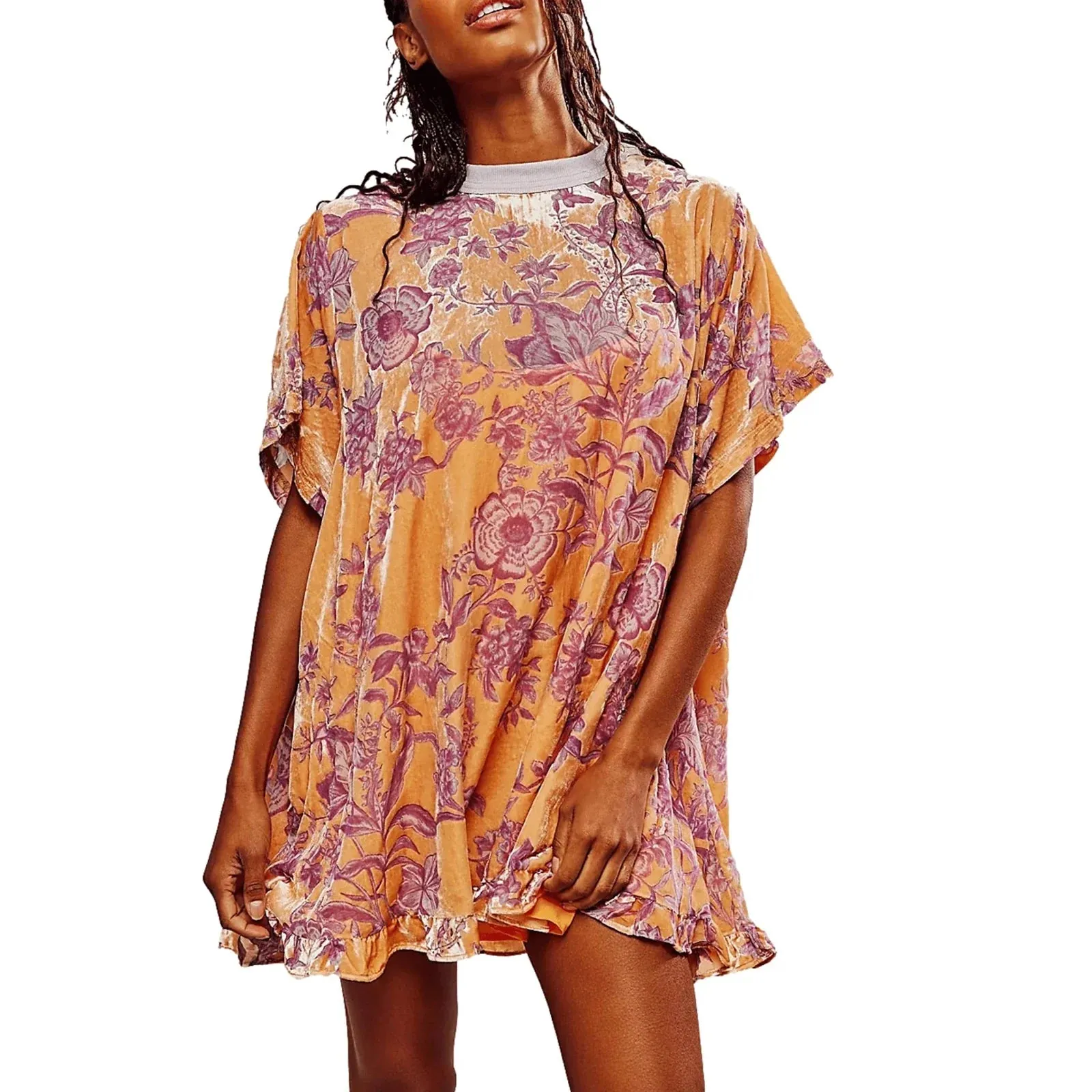 Short Long Sleeve Crew Neck Floral Print T-Shirt Loose Fall Tunic Casual Velvet Dress