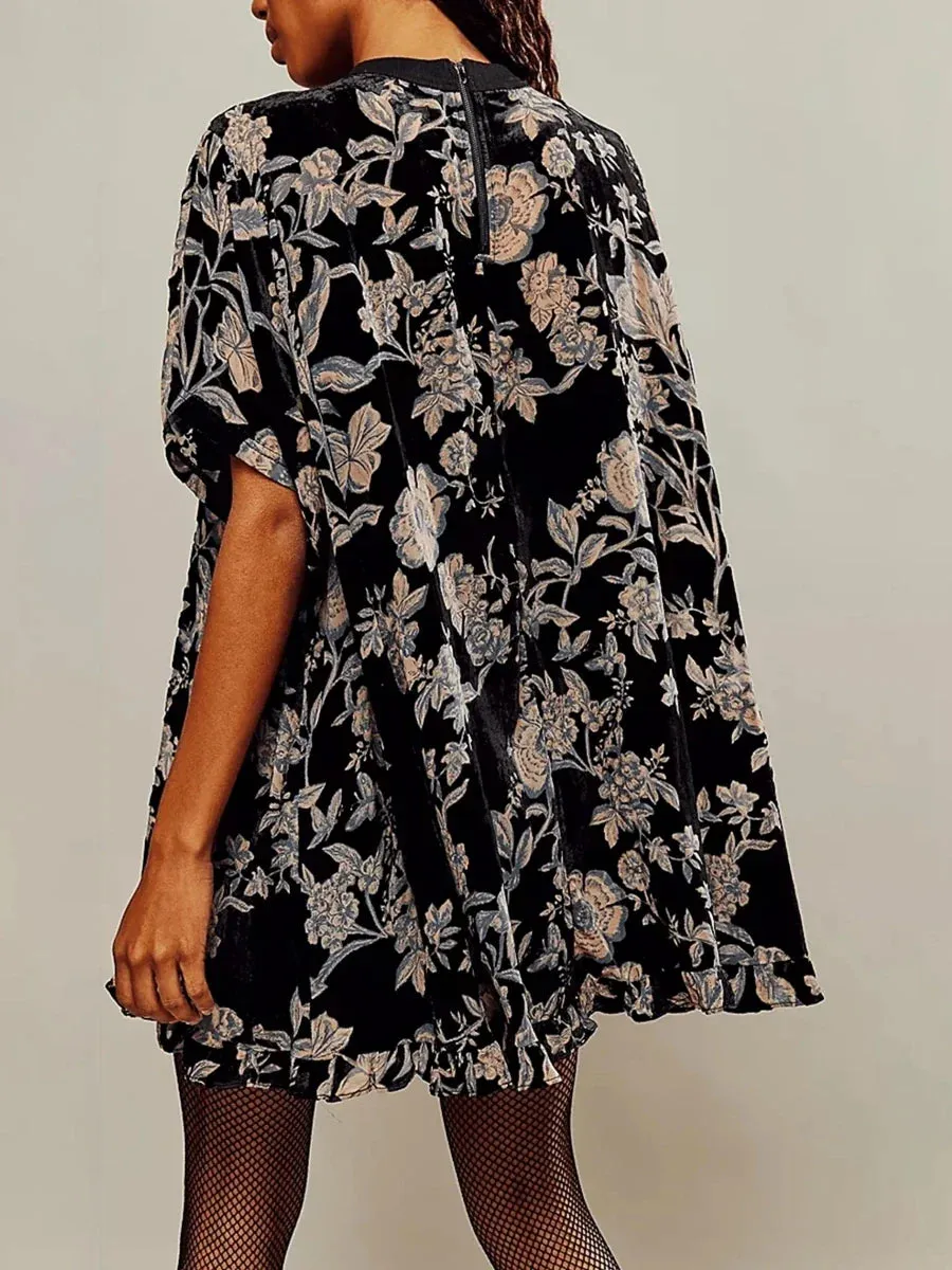 Short Long Sleeve Crew Neck Floral Print T-Shirt Loose Fall Tunic Casual Velvet Dress