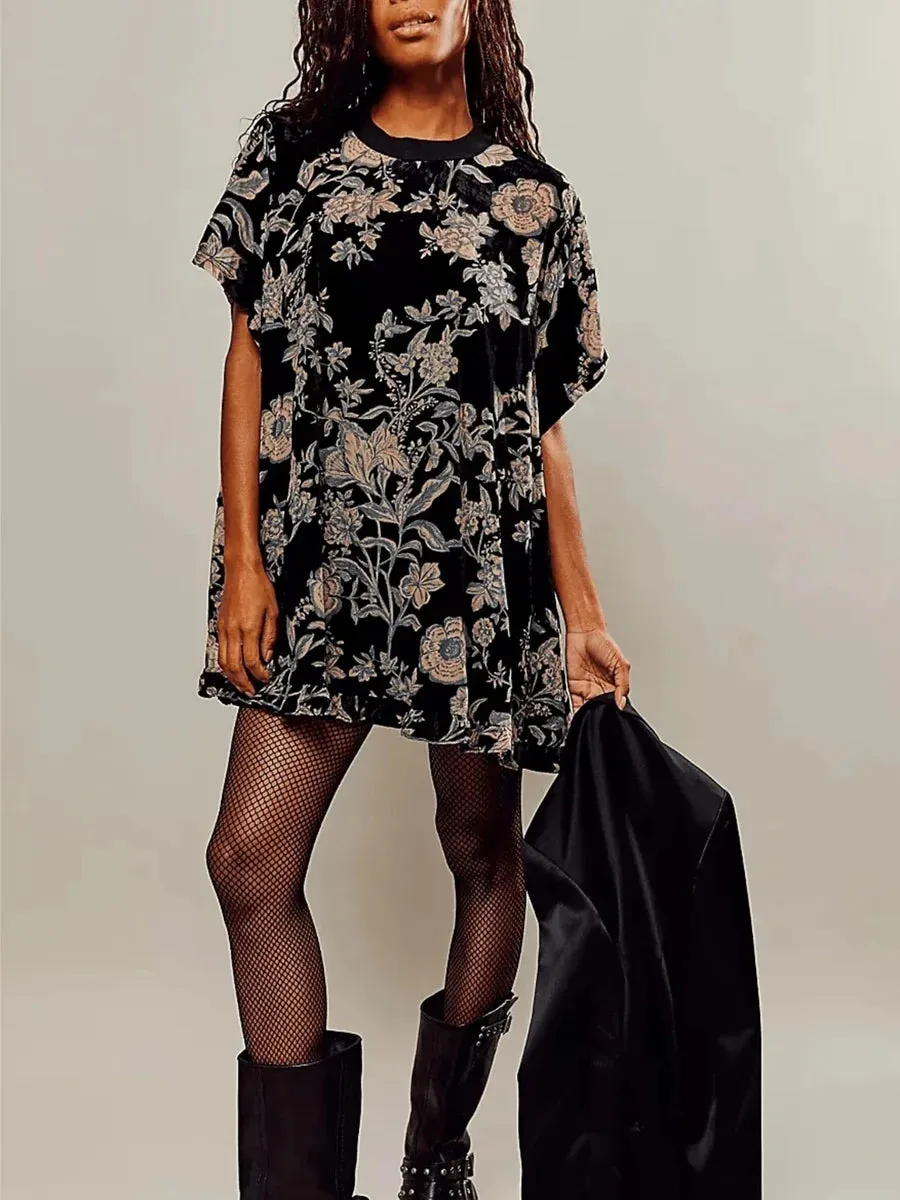 Short Long Sleeve Crew Neck Floral Print T-Shirt Loose Fall Tunic Casual Velvet Dress