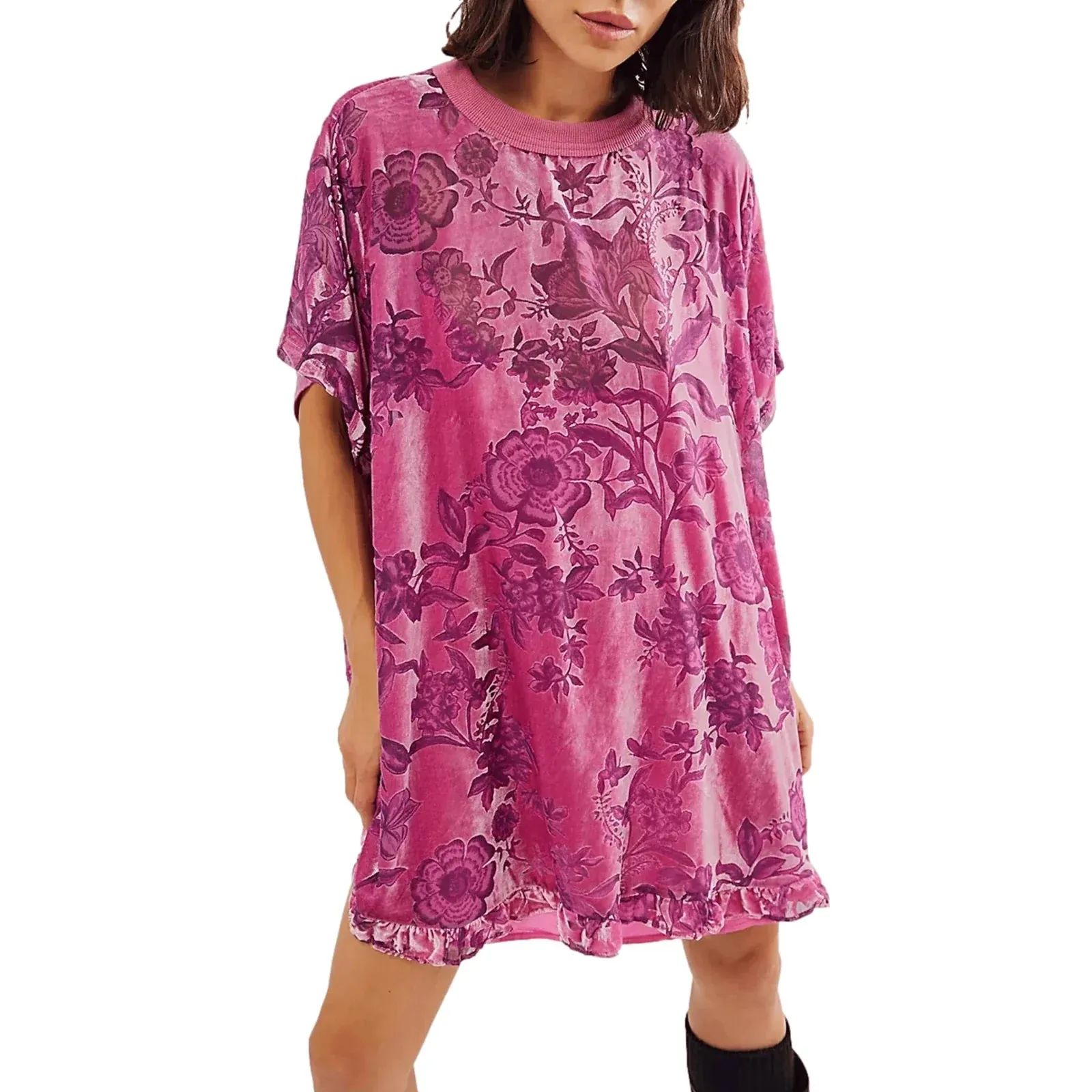 Short Long Sleeve Crew Neck Floral Print T-Shirt Loose Fall Tunic Casual Velvet Dress