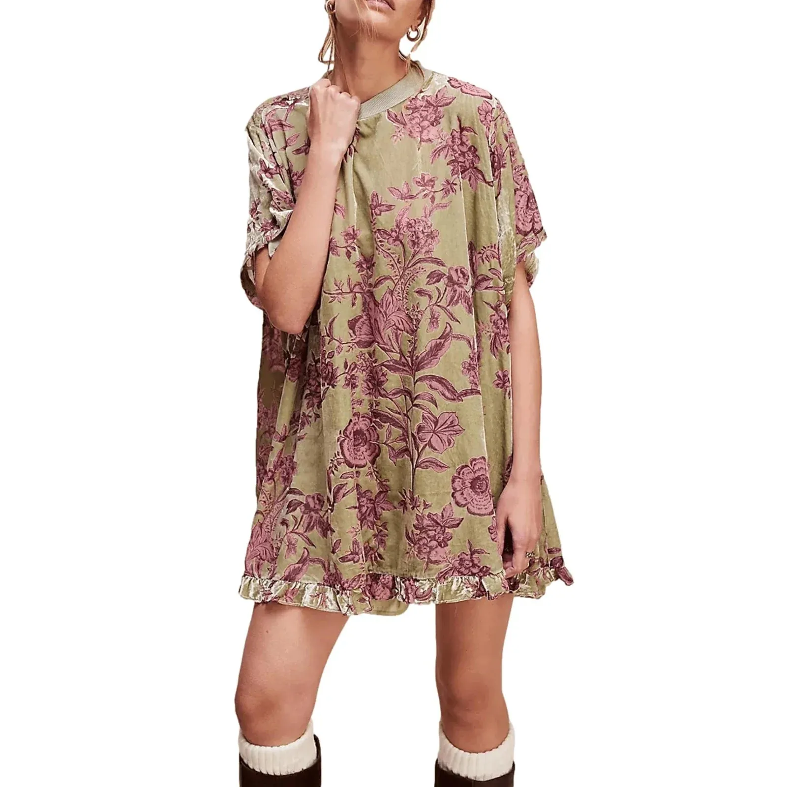 Short Long Sleeve Crew Neck Floral Print T-Shirt Loose Fall Tunic Casual Velvet Dress