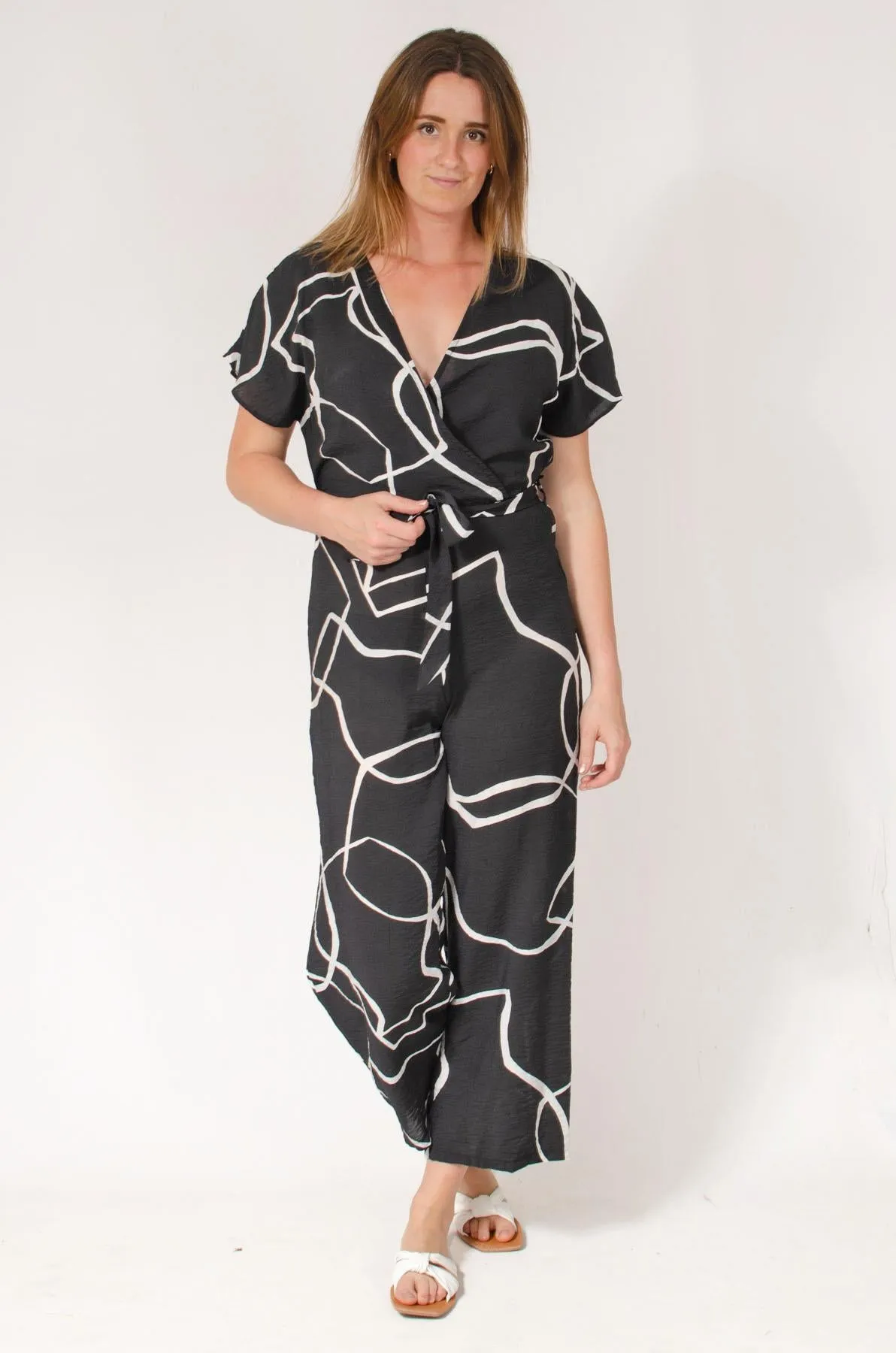 Short Sleeve Tie Waist Jumpsuit