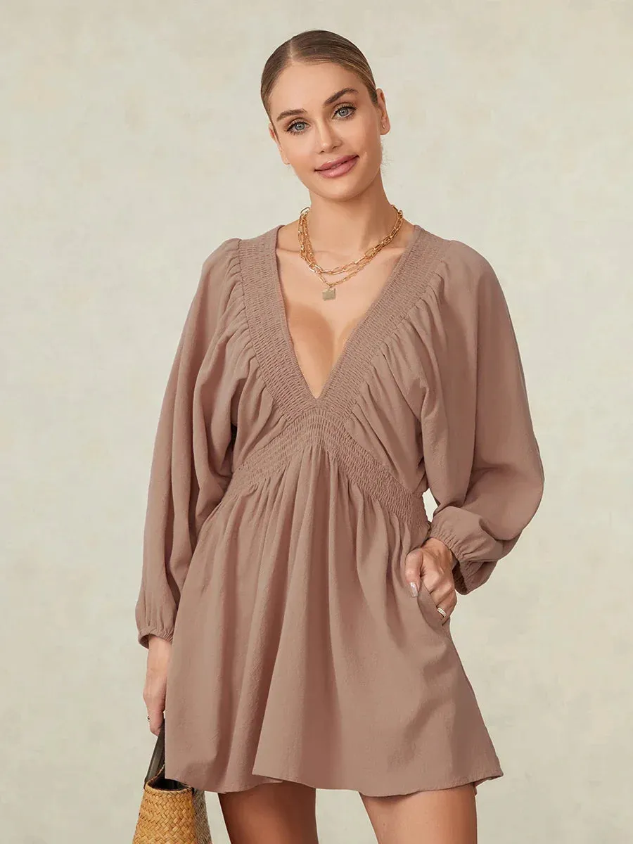 Sleeve Deep V Neck Tunic Casual Loose Flowy Mini Swing Shift Smocked Casual Long Dress