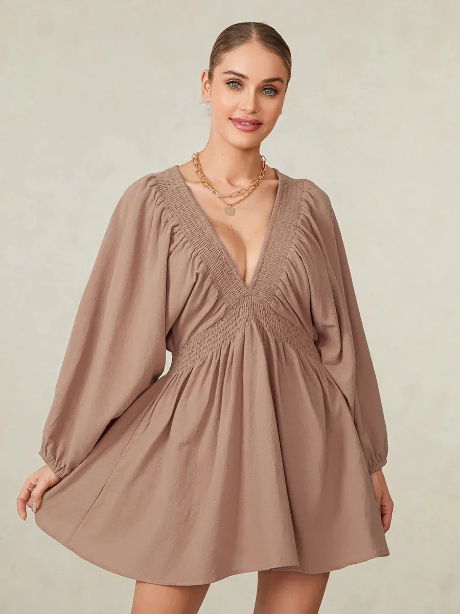 Sleeve Deep V Neck Tunic Casual Loose Flowy Mini Swing Shift Smocked Casual Long Dress