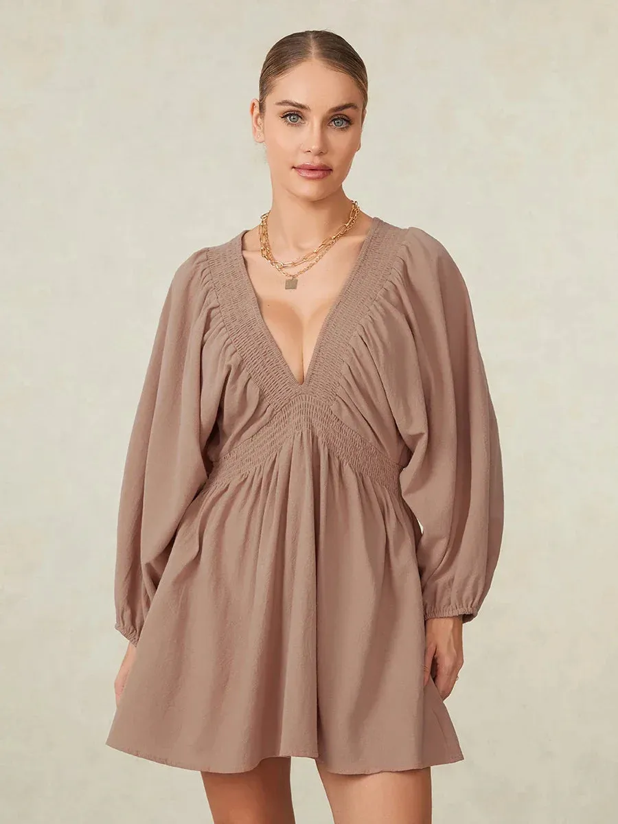 Sleeve Deep V Neck Tunic Casual Loose Flowy Mini Swing Shift Smocked Casual Long Dress