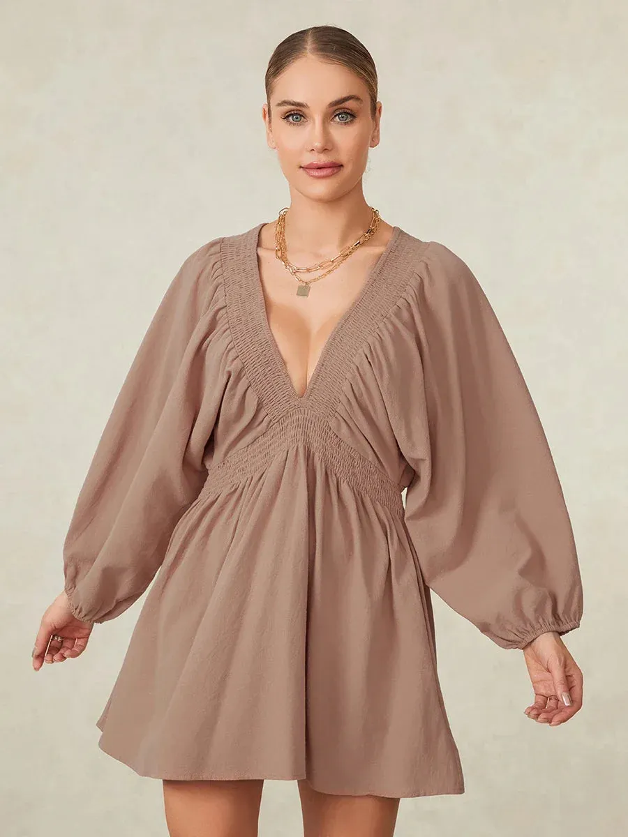 Sleeve Deep V Neck Tunic Casual Loose Flowy Mini Swing Shift Smocked Casual Long Dress