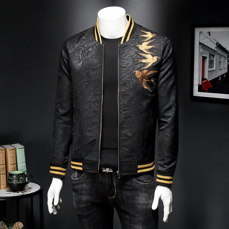 Slim Fit Dark Bomber with Spring Gold Embroidery Print Men Jacket