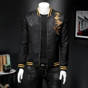 Slim Fit Dark Bomber with Spring Gold Embroidery Print Men Jacket