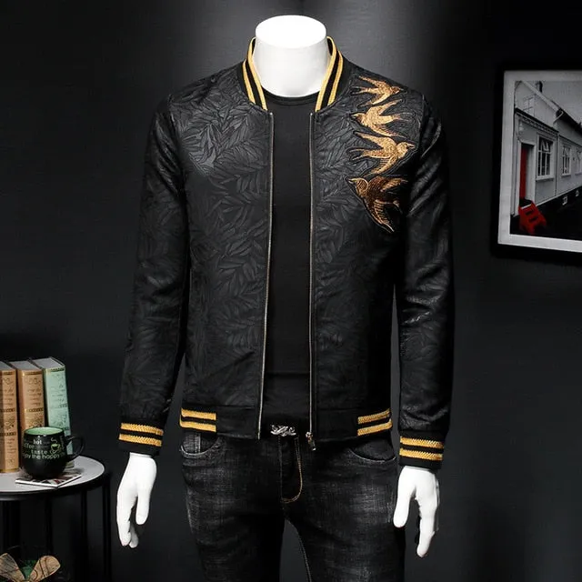 Slim Fit Dark Bomber with Spring Gold Embroidery Print Men Jacket