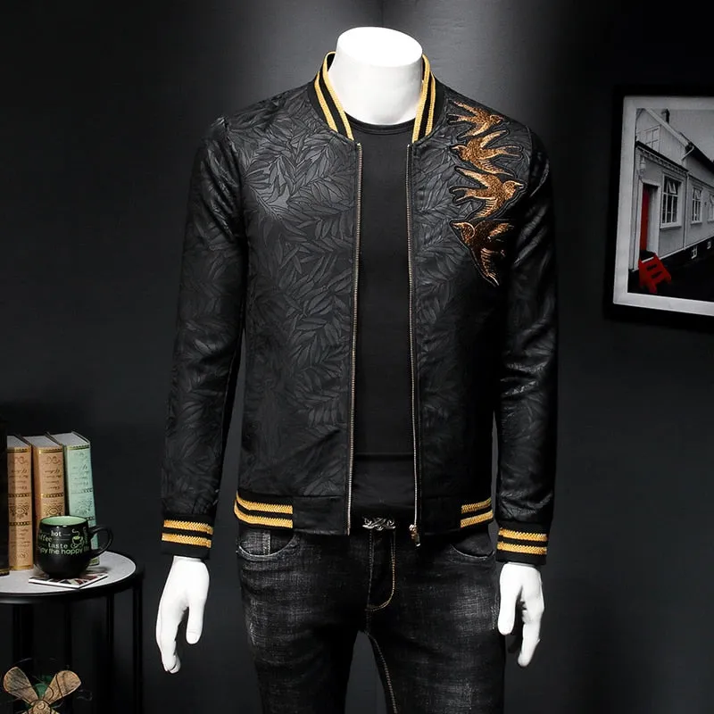 Slim Fit Dark Bomber with Spring Gold Embroidery Print Men Jacket