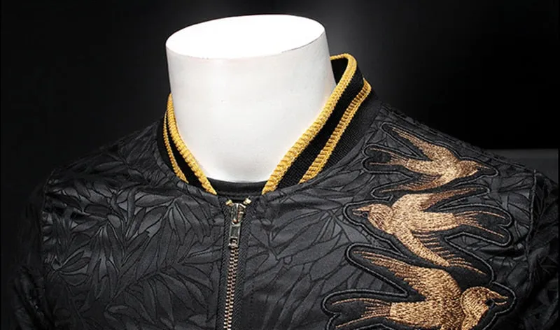 Slim Fit Dark Bomber with Spring Gold Embroidery Print Men Jacket