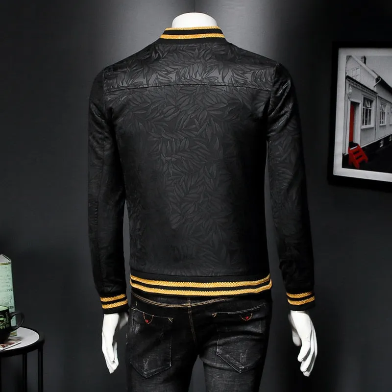 Slim Fit Dark Bomber with Spring Gold Embroidery Print Men Jacket