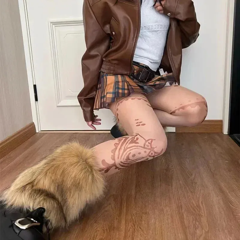 Sohiwoo Vintage Imitation Fur Fur Leg Warmers Hot Girl Y2k Brown Hairy Winter Warm Furry Boots Socks Punk Jk Knee-length Hiphop Sock