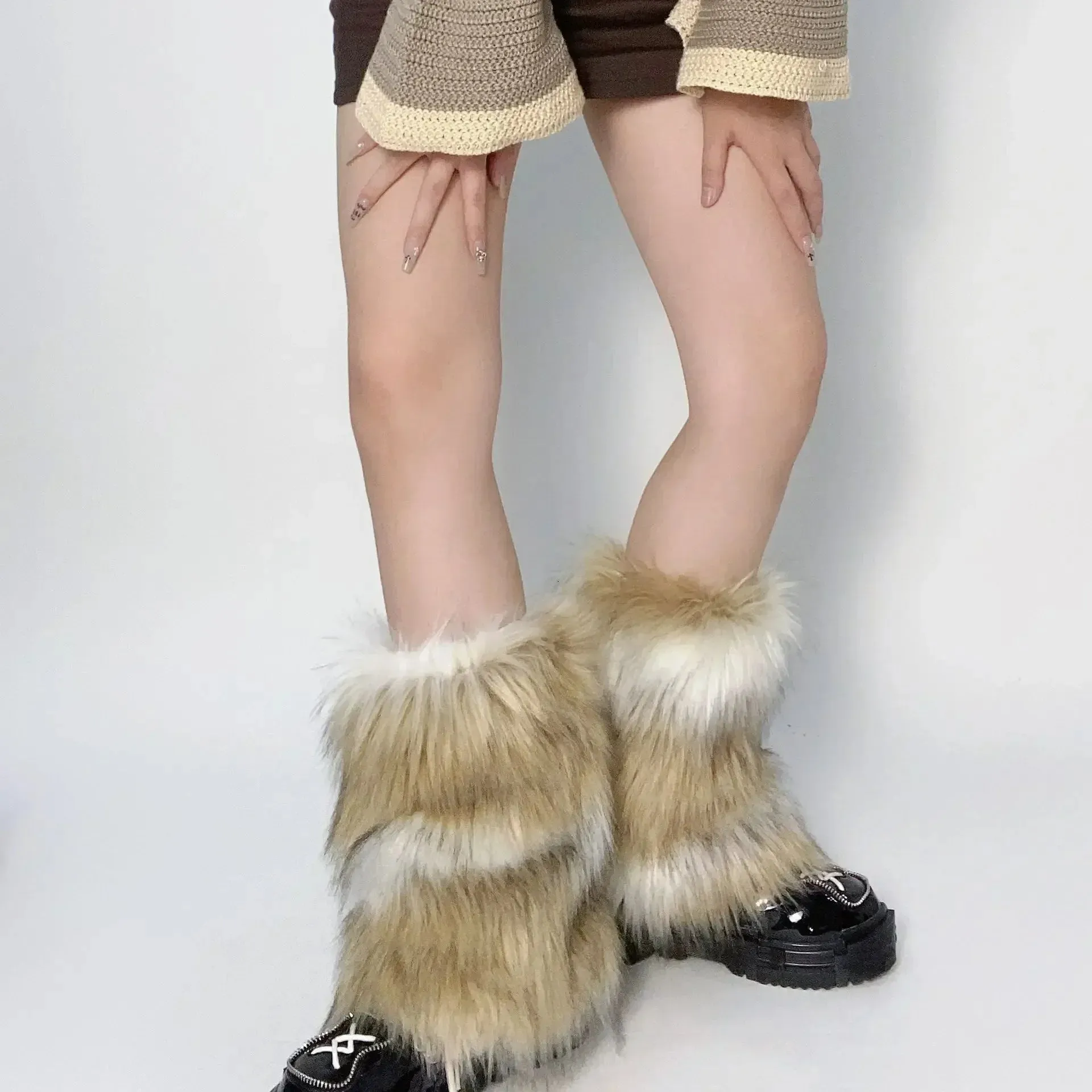 Sohiwoo Vintage Imitation Fur Fur Leg Warmers Hot Girl Y2k Brown Hairy Winter Warm Furry Boots Socks Punk Jk Knee-length Hiphop Sock