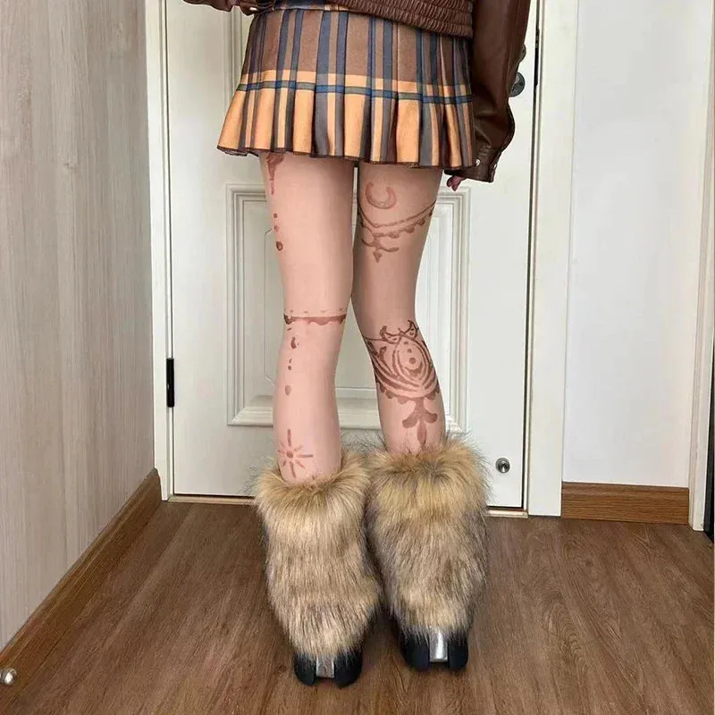 Sohiwoo Vintage Imitation Fur Fur Leg Warmers Hot Girl Y2k Brown Hairy Winter Warm Furry Boots Socks Punk Jk Knee-length Hiphop Sock