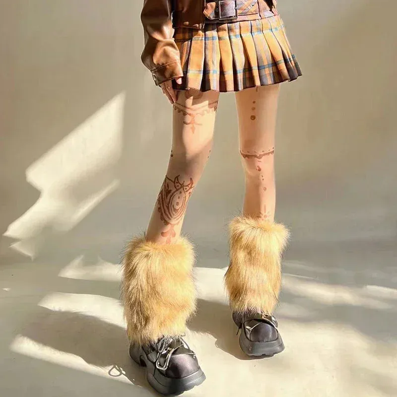 Sohiwoo Vintage Imitation Fur Fur Leg Warmers Hot Girl Y2k Brown Hairy Winter Warm Furry Boots Socks Punk Jk Knee-length Hiphop Sock