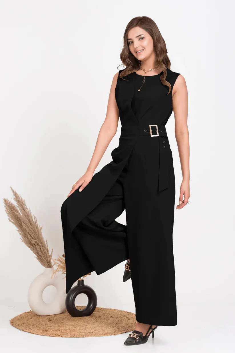 Solid Black Overlap Jumpsuit for Women's office