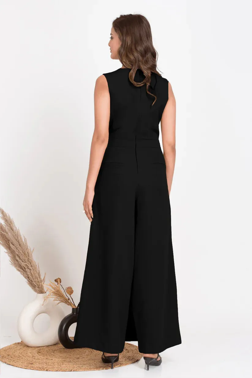 Solid Black Overlap Jumpsuit for Women's office