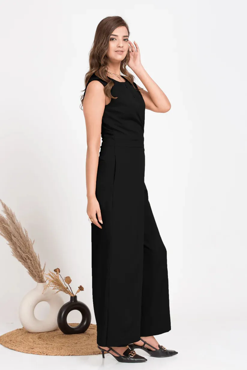 Solid Black Overlap Jumpsuit for Women's office