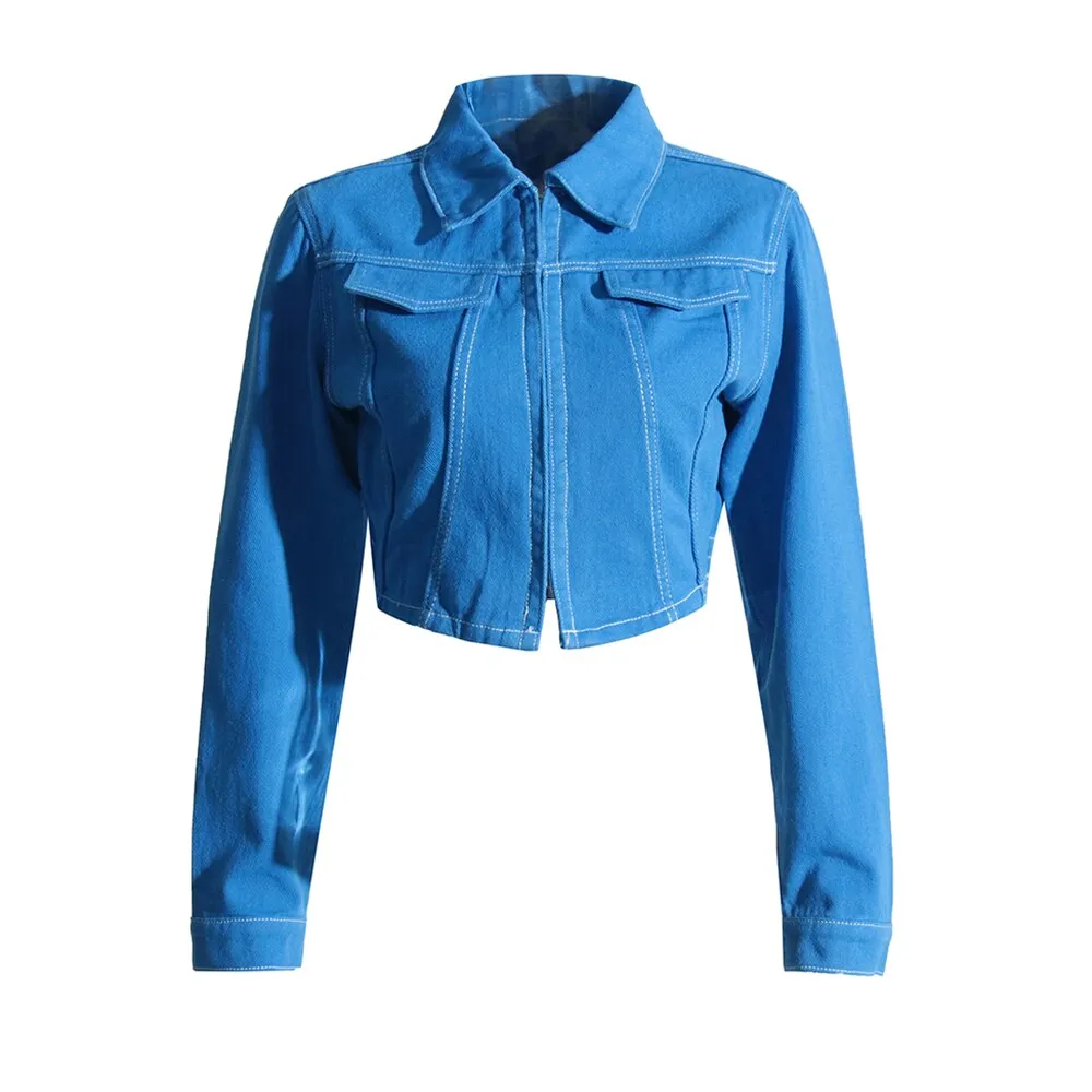 Solid Casual Denim Jackets For Women Lapel Long Sleeve Slimming Chic Temperament Jacket Female Fashion Clothing