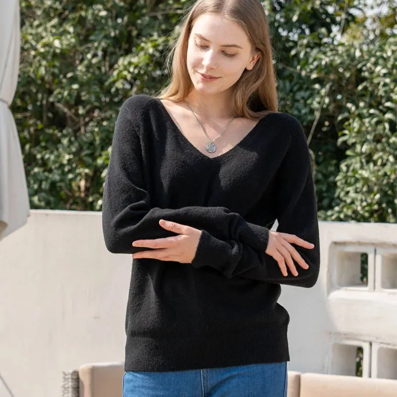 Solid Cozy V-neck Black Casual Long Sleeve Comfortable Knitted Stylish Autumn Sweater