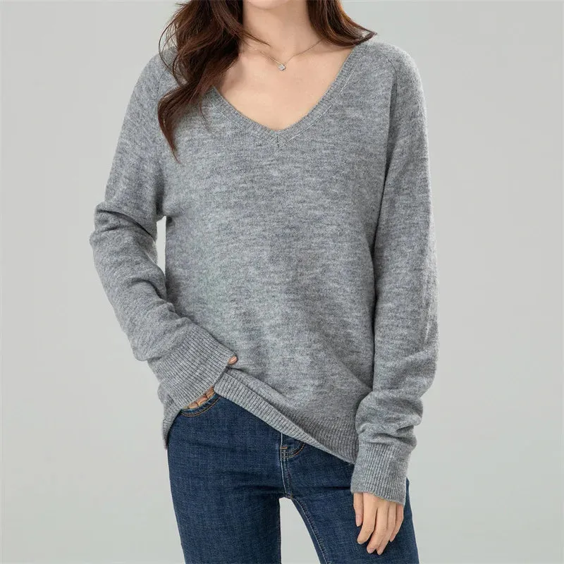 Solid Cozy V-neck Black Casual Long Sleeve Comfortable Knitted Stylish Autumn Sweater