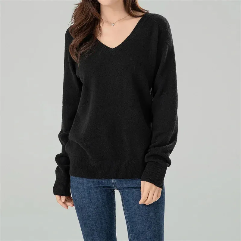 Solid Cozy V-neck Black Casual Long Sleeve Comfortable Knitted Stylish Autumn Sweater