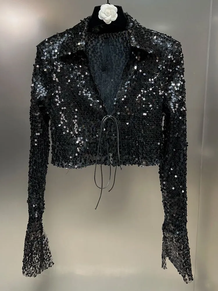 Solid Patchwork Sequins Jackets For Women Lapel Long Sleeves Lace Up Short Jacket Female Fashion Clothing