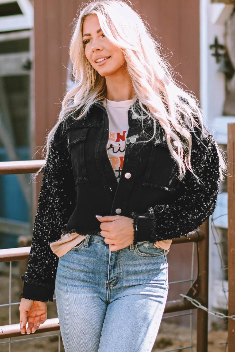 Sparkle Black Sequin Denim Jacket