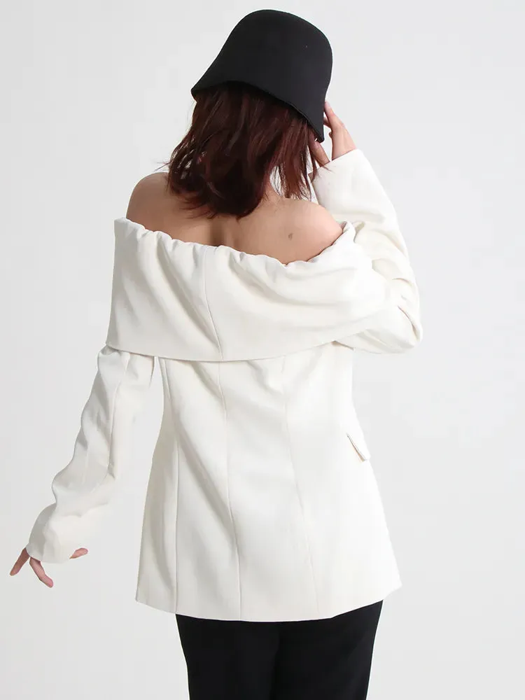 Straight Solid Slash Neck Blazer For Women Long Sleeve Off Shoulder Minimalist Blazers Female Clothing Fashion