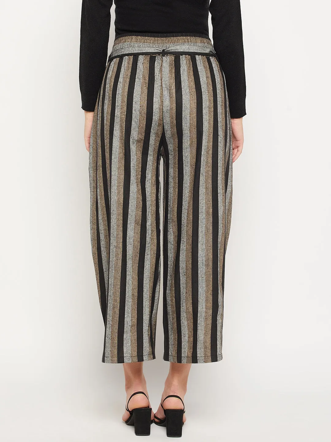 Striped Relaxed Flared Wrinkle Free Pleated Cotton Culottes