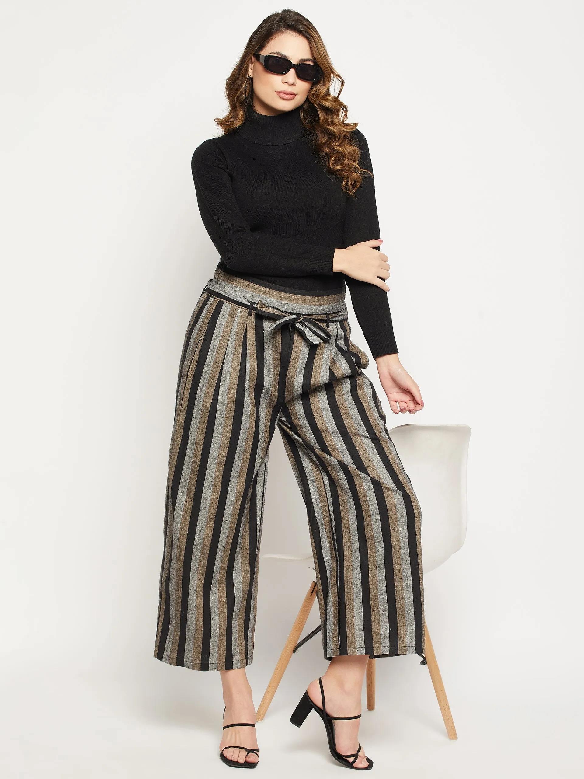 Striped Relaxed Flared Wrinkle Free Pleated Cotton Culottes