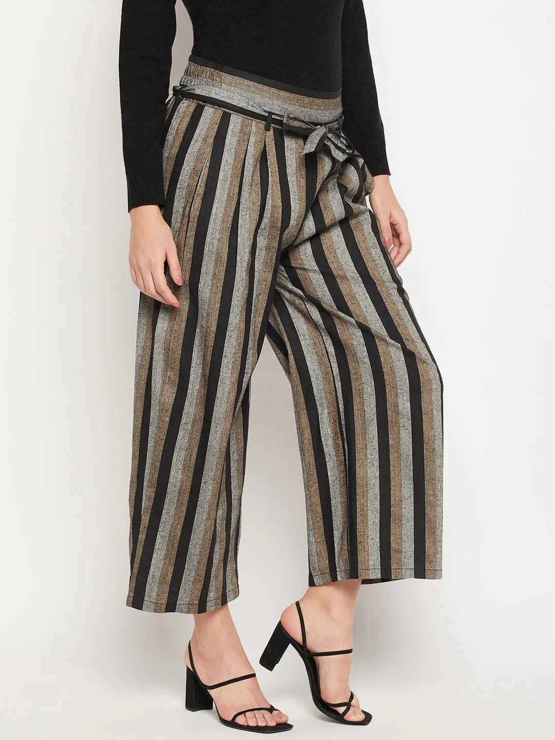 Striped Relaxed Flared Wrinkle Free Pleated Cotton Culottes