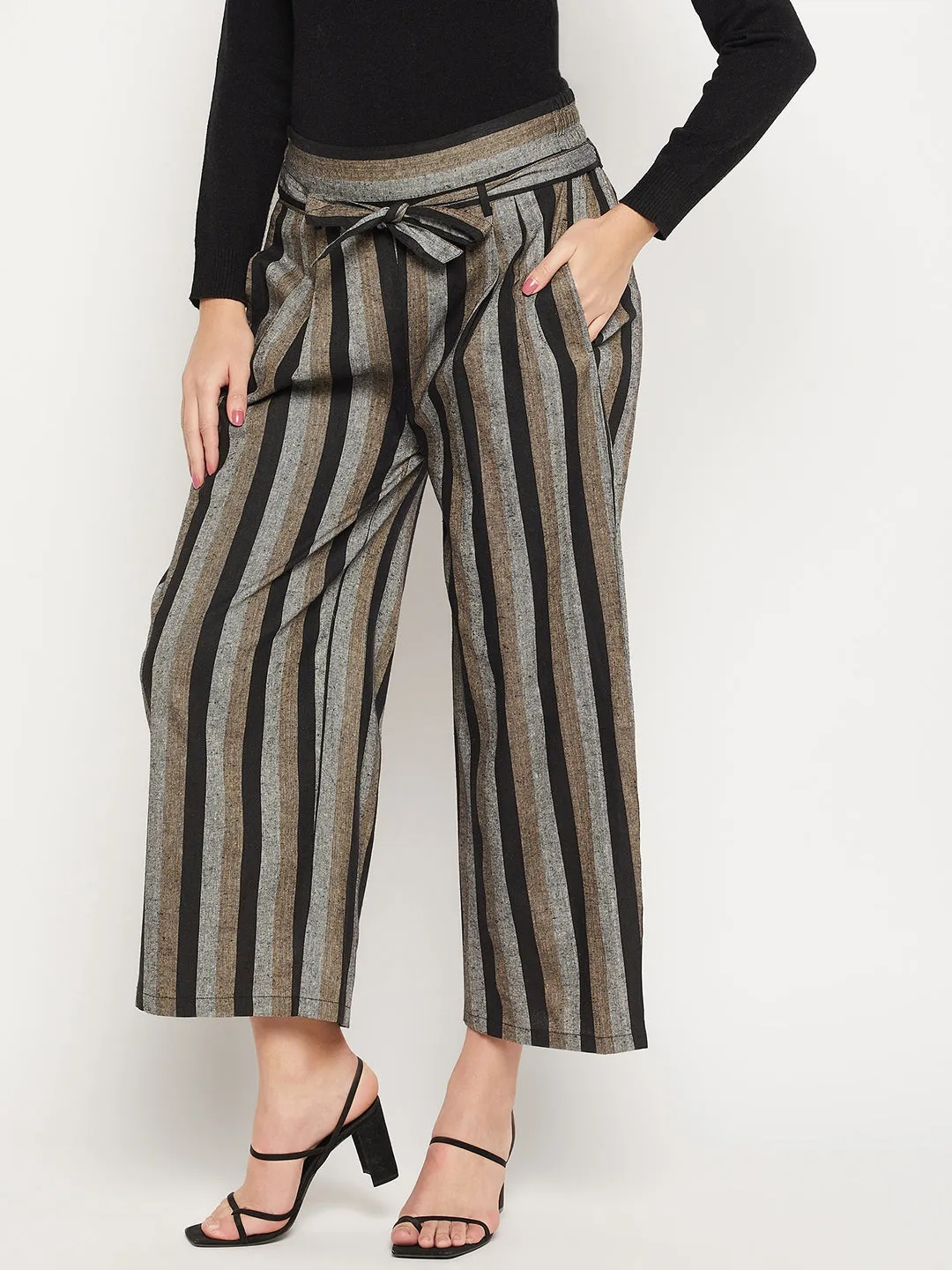 Striped Relaxed Flared Wrinkle Free Pleated Cotton Culottes