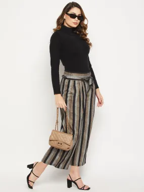 Striped Relaxed Flared Wrinkle Free Pleated Cotton Culottes