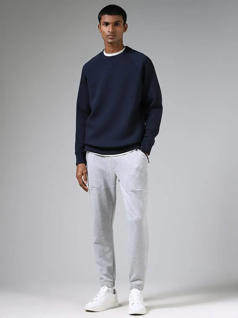 Studiofit Solid Navy Ribbed Relaxed-Fit Sweatshirt