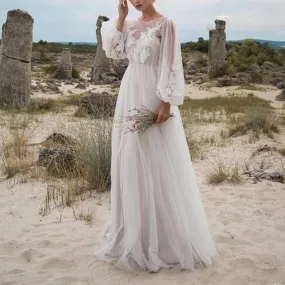 Summer Long Tulle Dress Long Sleeve Embroidery Wedding Vocation White Lace Maxi Tunic Beach Dress