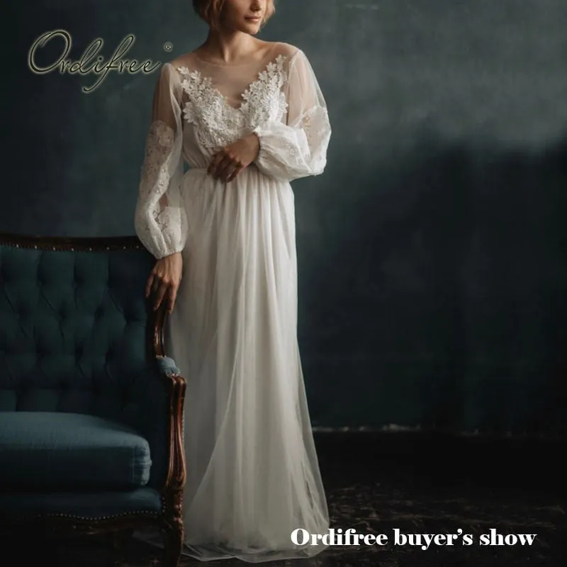 Summer Long Tulle Dress Long Sleeve Embroidery Wedding Vocation White Lace Maxi Tunic Beach Dress