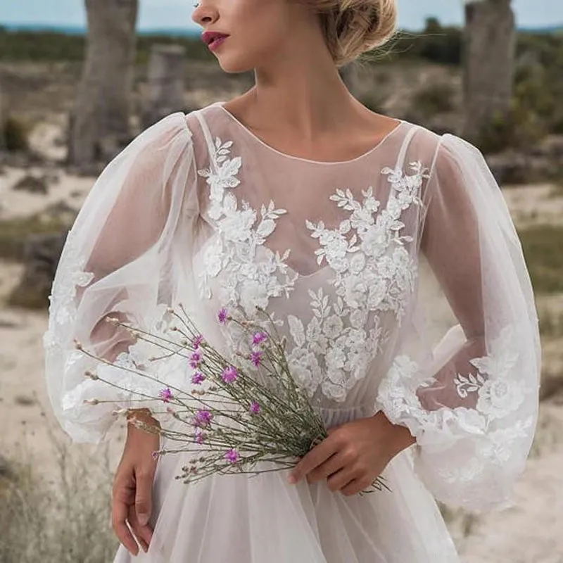 Summer Long Tulle Dress Long Sleeve Embroidery Wedding Vocation White Lace Maxi Tunic Beach Dress