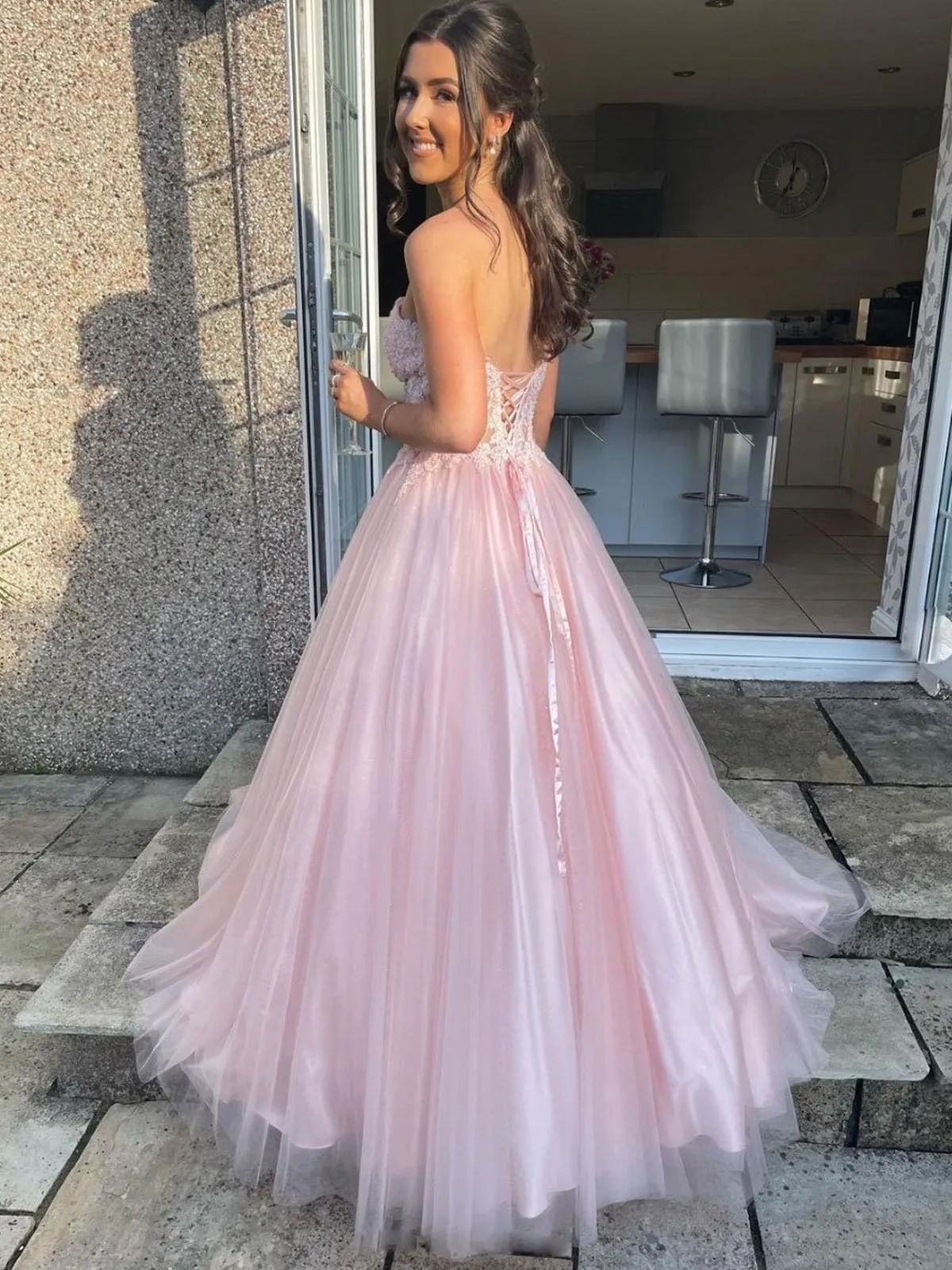 Sweetheart Neck Open Back Pink Lace Long Prom Dresses, Pink Lace Formal Dresses, Pink Evening Dresses