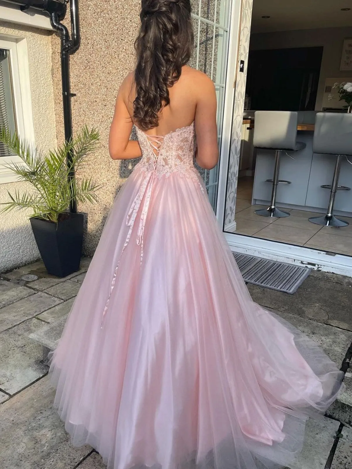 Sweetheart Neck Open Back Pink Lace Long Prom Dresses, Pink Lace Formal Dresses, Pink Evening Dresses