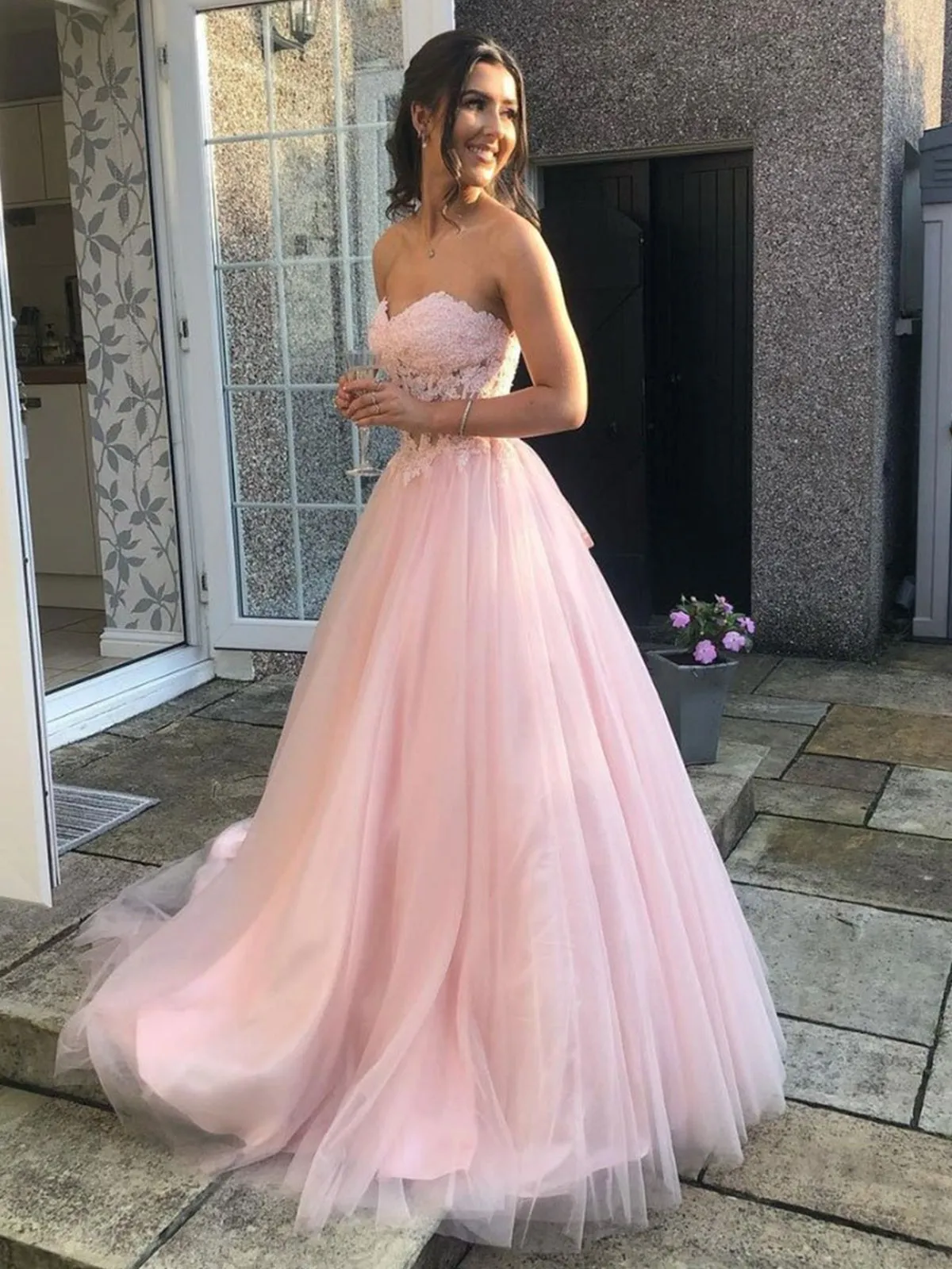 Sweetheart Neck Open Back Pink Lace Long Prom Dresses, Pink Lace Formal Dresses, Pink Evening Dresses