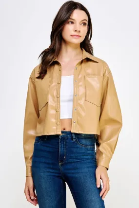 Tan Cropped Faux Leather Shacket