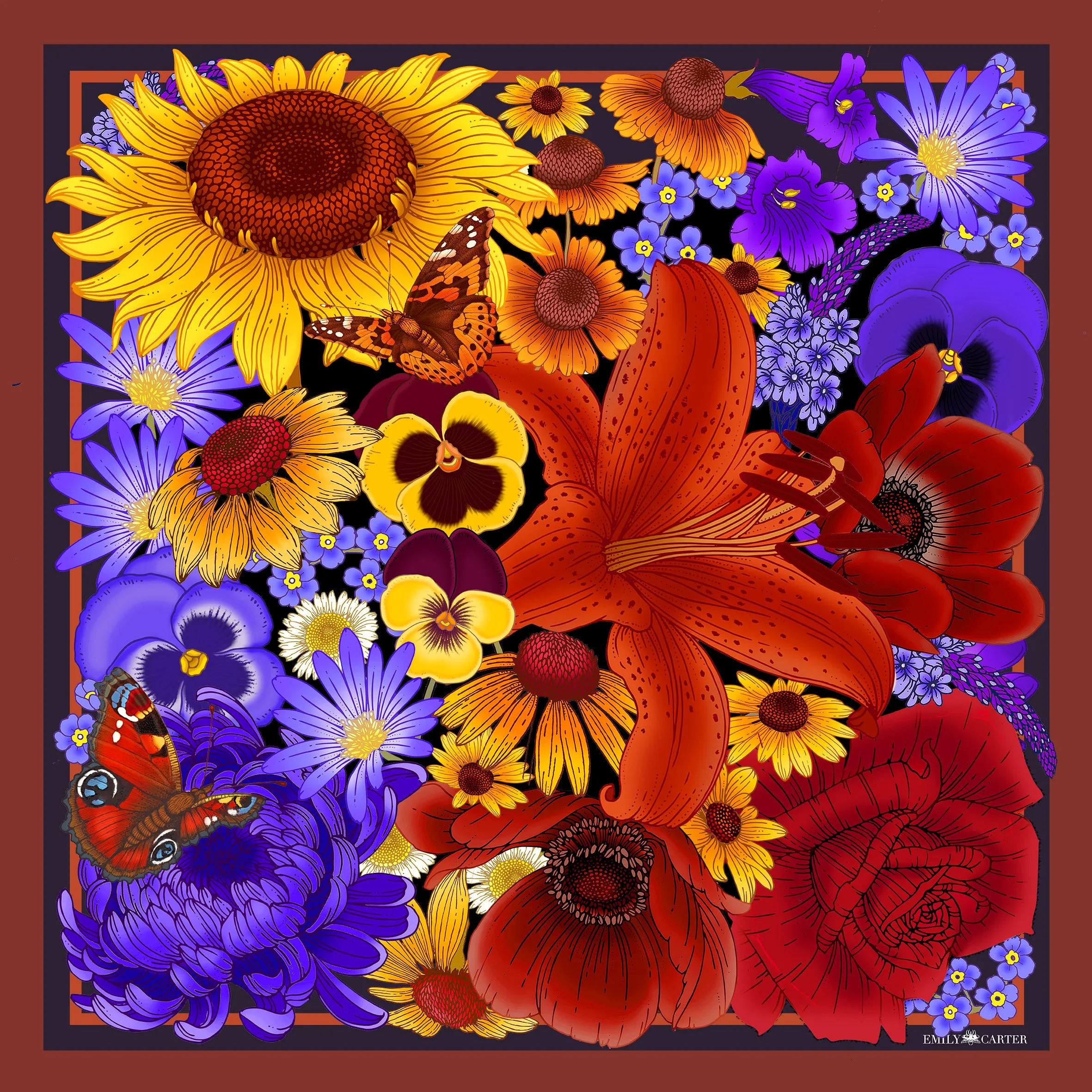 The Sunflower & Pansy Silk Scarf | 90x90cm [Preorder]