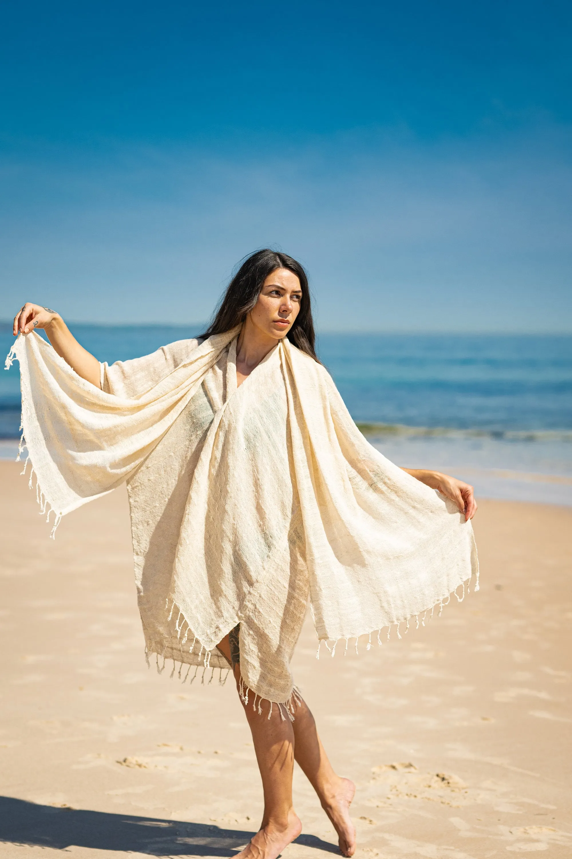 THEA Kimono Scarf Shawl Wrap Robe Bundle Set Beige White Cream Beach Festival Natural Netted Cotton See Through Soft Free Flow Boho AJJAYA